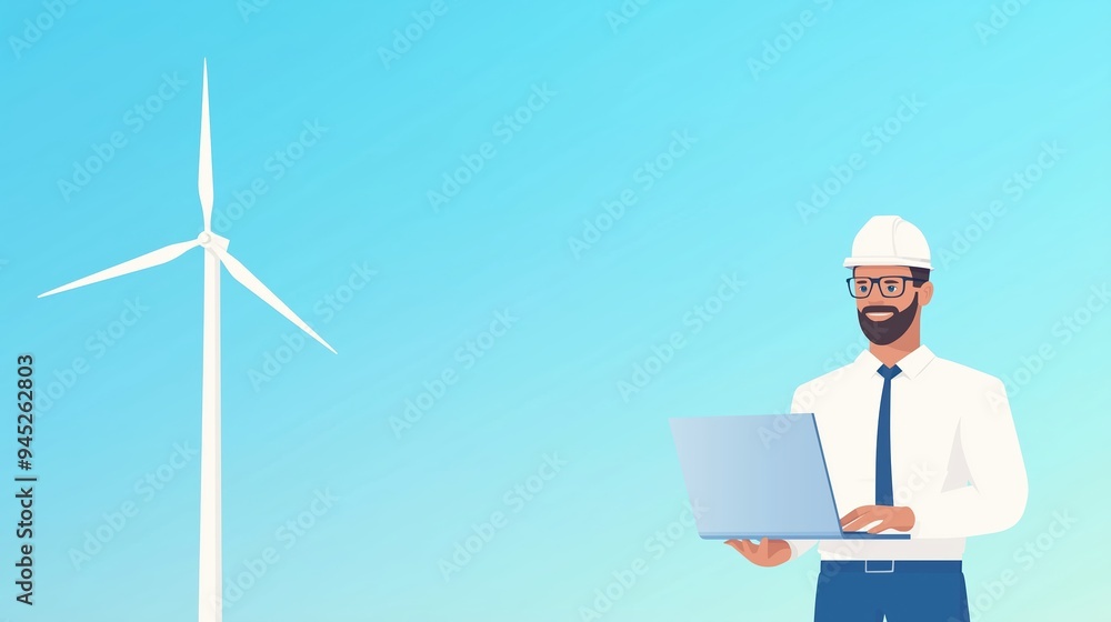 Wind turbine engineer using laptop, data analysis, flat design illustration