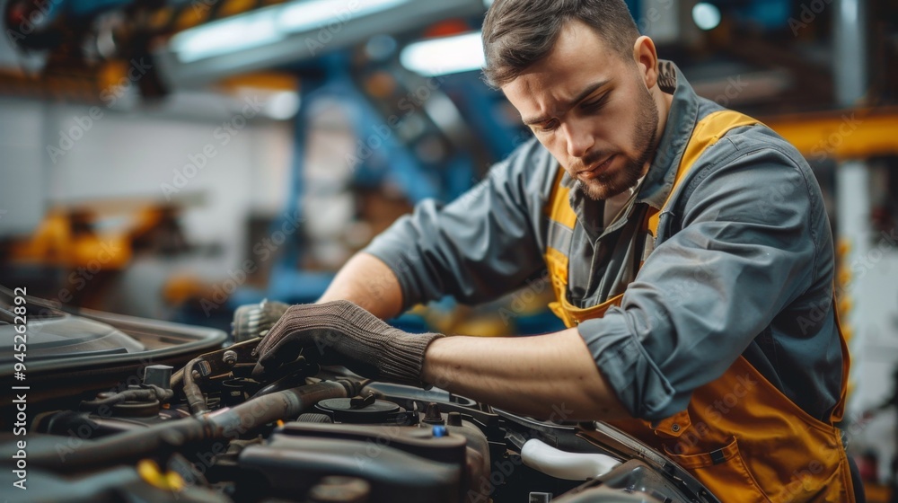 Mechanic Working on Car in Auto Repair Shop Mechanic Working on Car in Auto Repair Shop