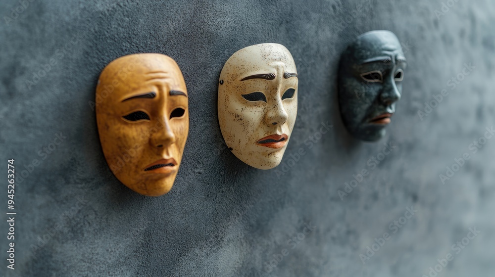 Three Theatrical Masks on a Gray Wall Three Theatrical Masks on a Gray Wall
