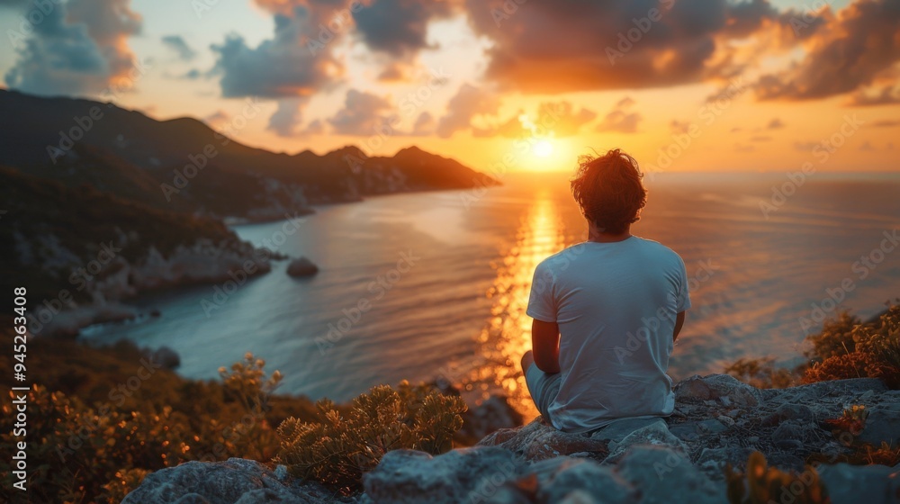 Fototapeta premium Man Enjoying Sunset by the Ocean