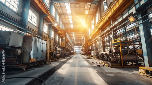 Industrial Factory Interior with Sunlight Streaming Through