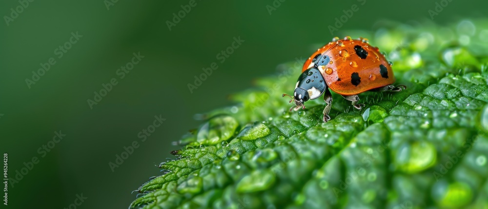 Macro shot of a vibrant ladybug crawling on a green leaf in nature Macro shot of a vibrant ladybug crawling on a green leaf in nature