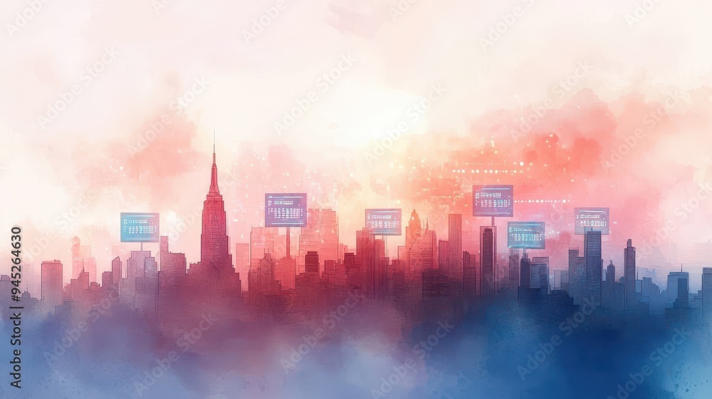 Fototapeta premium Futuristic Urban Skyline with Crypto Billboards - Watercolor Illustration of Modern Economy