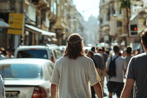 Jesus Christ Walking in City Street, Back View