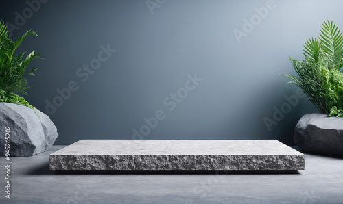 A gray stone platform sits in front of a blue wall, flanked by two potted plants photo