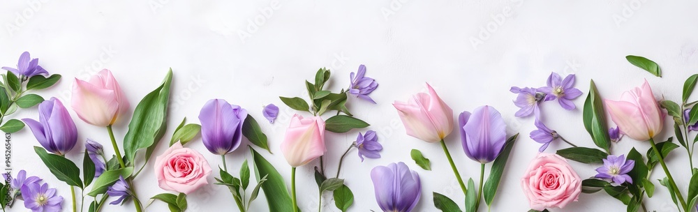 An aerial view of violet and purple flowers against a white background An aerial view of violet and purple flowers against a white background
