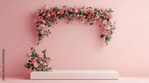 Elegant floral arrangement with soft pink roses on a pastel backdrop, perfect for weddings or home decor. photo