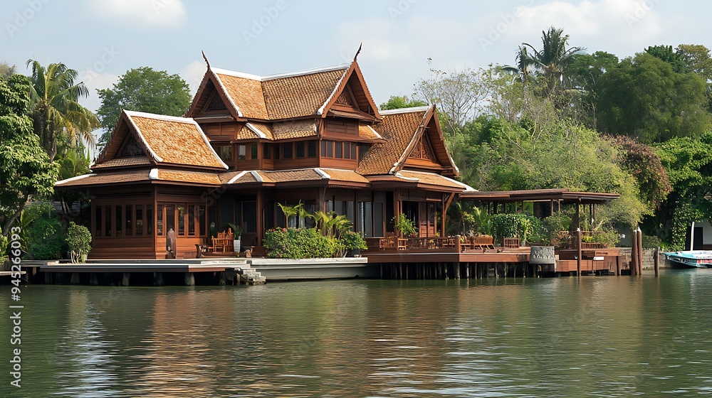 A traditional wooden house with a thatched roof stands on stilts over a calm body of water, surrounded by lush greenery.