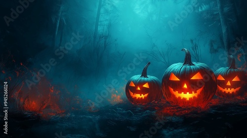 Vector background with spooky Halloween pumpkins glowing softly under a dark, foggy forest. Plenty of space for text in the center.