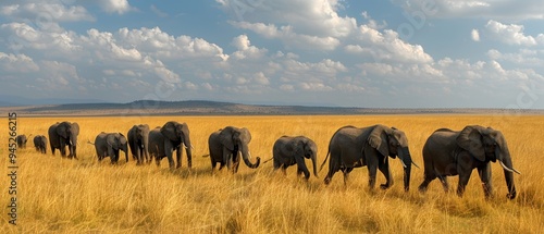 Majestic Herd of Elephants Strolling Through Vast Grassland Wilderness