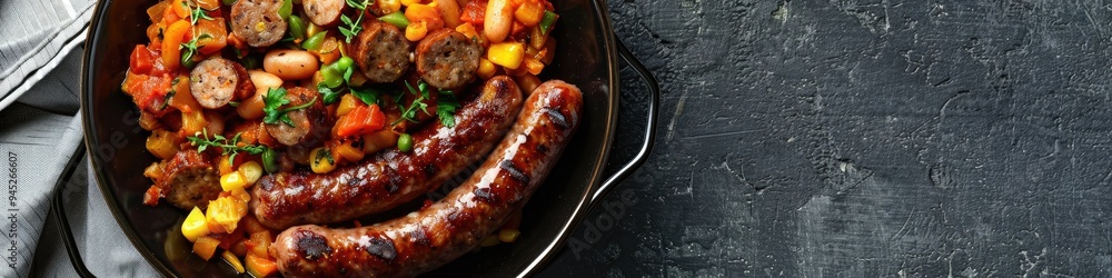 Traditional Pap and Wors Sausage with Maize Meal Accompanied by Chakalaka on a Neutral Background with Empty Space Traditional Pap and Wors Sausage with Maize Meal Accompanied by Chakalaka on a Neutral Background with Empty Space