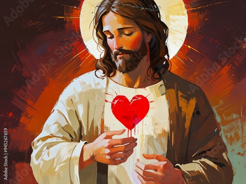 Jesus Holding Heart in Hands art. As a Symbol of Love and Compassion. Spiritual Religious Representation of Devotion. new stock image illustration AI	 photo