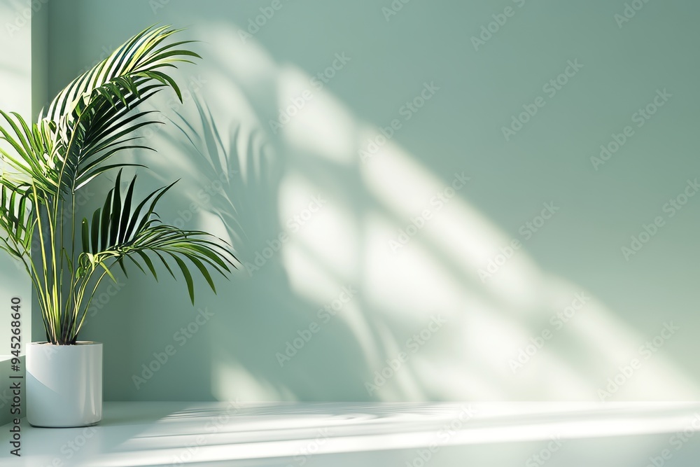 Presentation of a cosmetic product on an abstract background of palm leaves. Accents of pastel green on a gray table and a pastel green wall. A showcase is used for displaying products. Presentation of a cosmetic product on an abstract background of palm leaves. Accents of pastel green on a gray table and a pastel green wall. A showcase is used for displaying products.