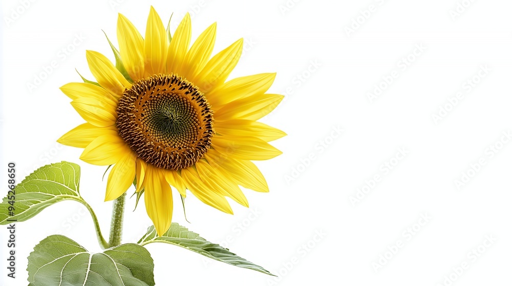 Obraz premium A vibrant sunflower with green leaves against a white background.