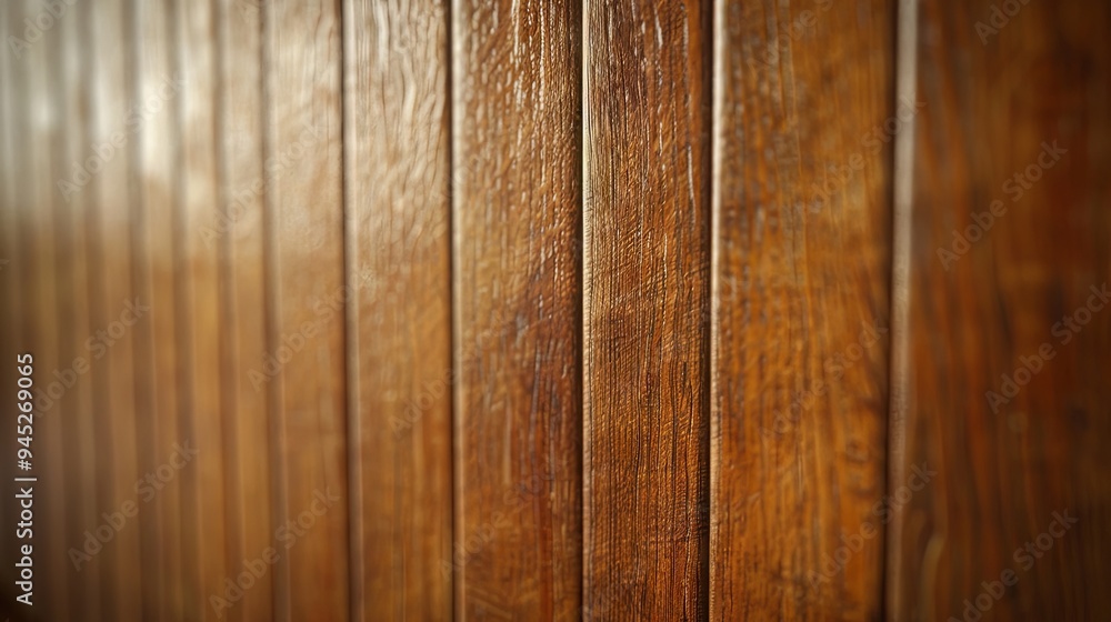 Fototapeta premium A detailed view of teak wood paneling with a golden-brown color and fine, straight grain. The smooth, polished finish enhances its luxurious appearance