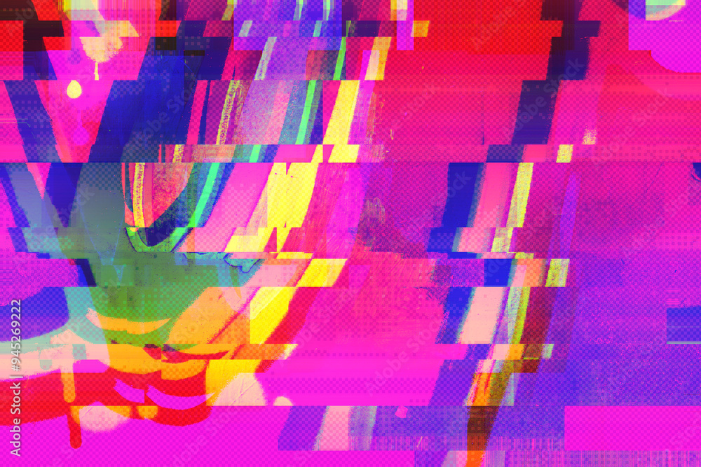 Pixelate Rave Abstract digital motion glitch art distorted background with pink, blue ...