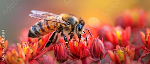 Vibrant Close-Up of Honeybee on Red Flower with Detailed Wing Patterns and Blurred Background