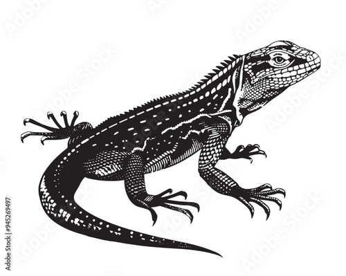 Lizard iguana isolated. Black and white reptile. Vector illustration. Hand drawing realistic. Vintage engraving of wildlife.