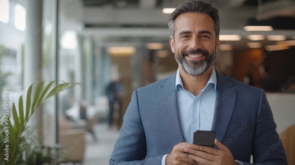 A man in a suit holding a cell phone with a smile on his face A man in a suit holding a cell phone with a smile on his face
