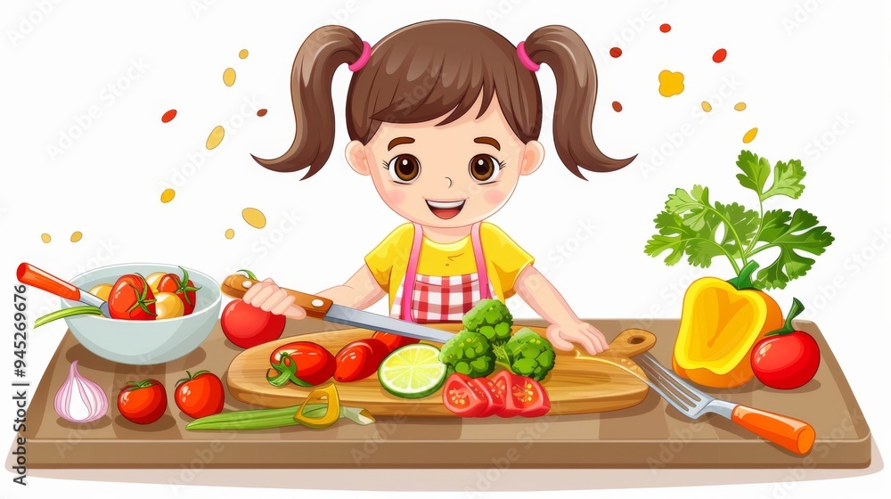 Little Girl Cooking Vegetables in the Kitchen Little Girl Cooking Vegetables in the Kitchen