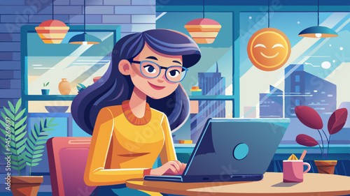 Pretty cheerful Asian woman in eyeglasses and casual clothes browses laptop computer connected to 4g internet updates software uses modern technologies poses in cafeteria looks gladfully