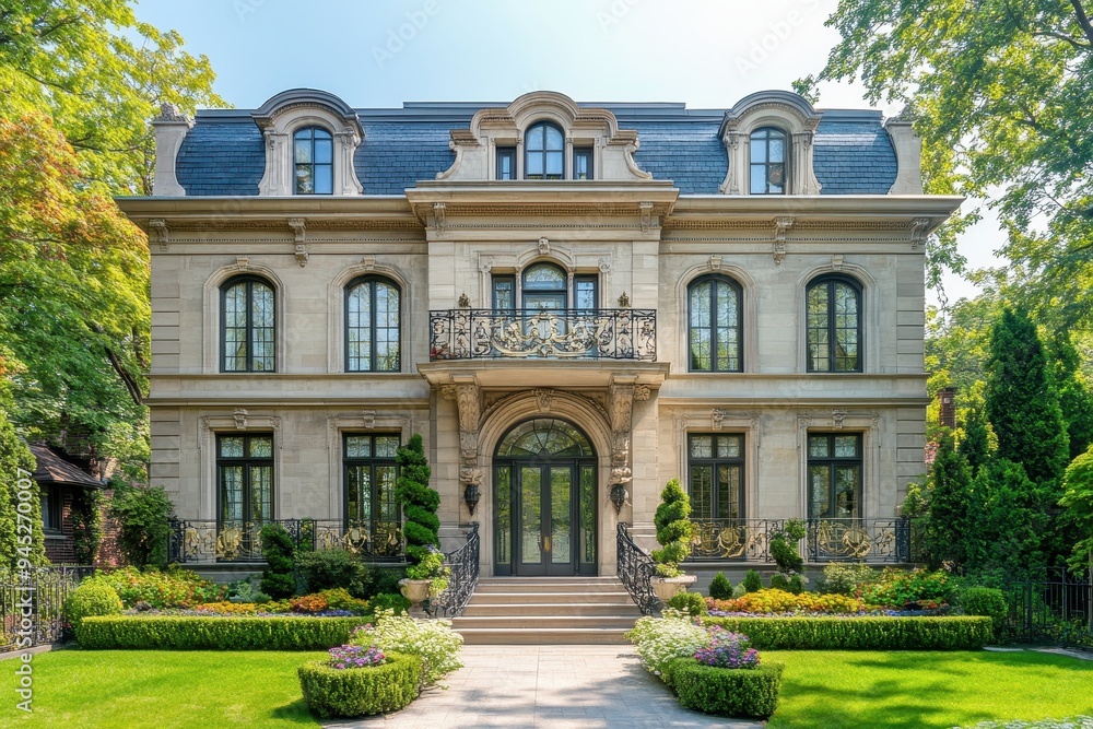 A grand, elegant mansion with lush landscaping and intricate architectural details. A grand, elegant mansion with lush landscaping and intricate architectural details.