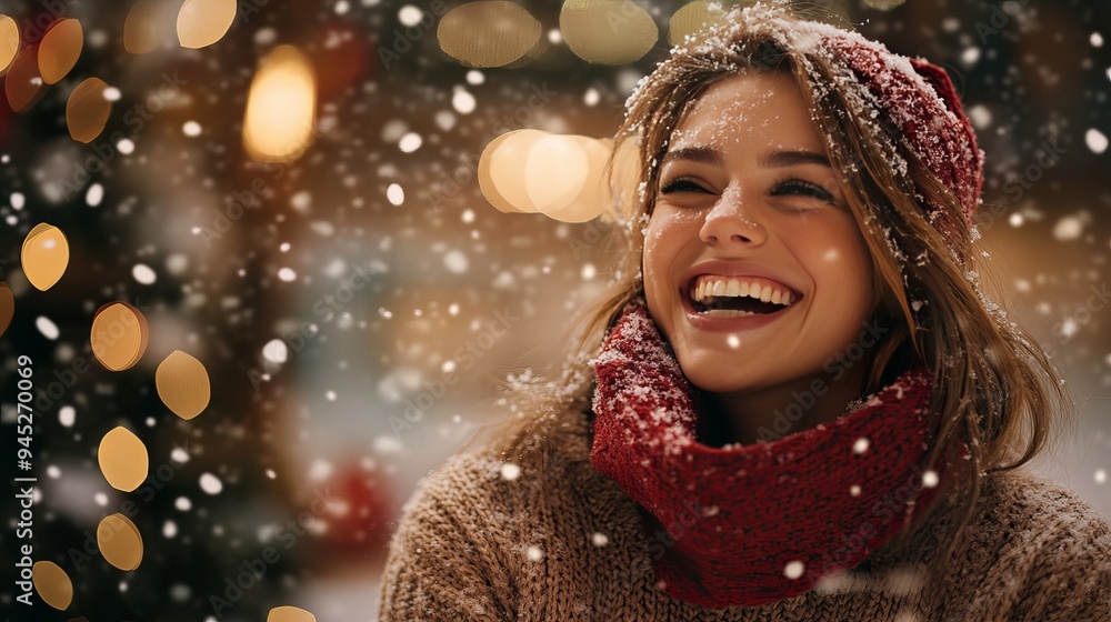 Joyful woman smiling in a snowy winter wonderland during the holiday season Joyful woman smiling in a snowy winter wonderland during the holiday season