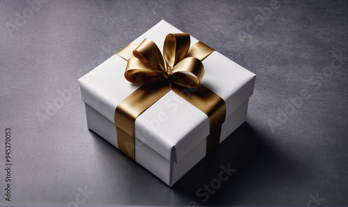 A white gift box with a gold ribbon sits on a dark surface