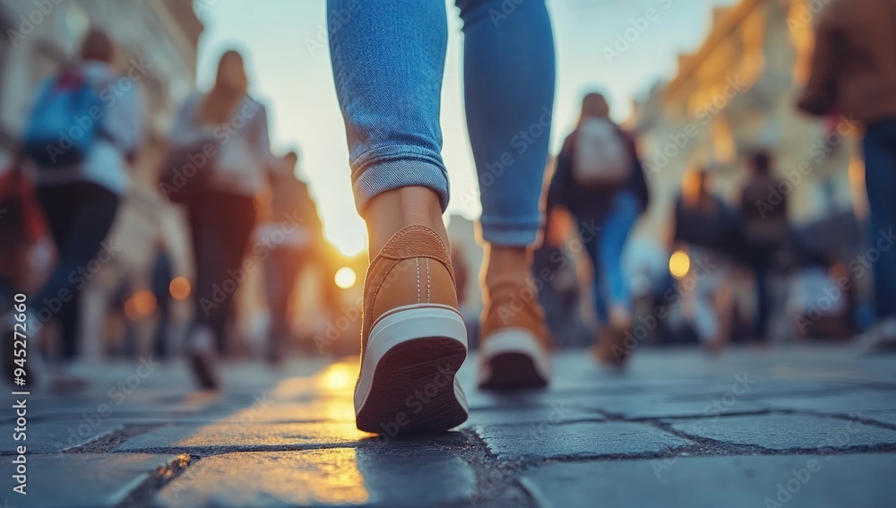 Fototapeta premium A person walks through a busy city street during sunset.