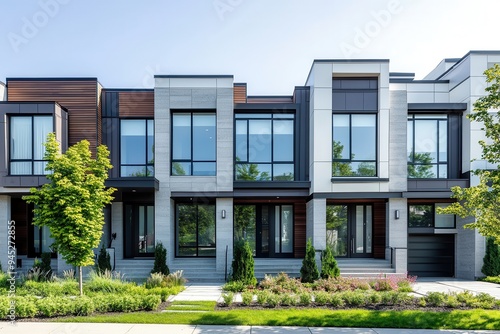 Modern residential building with large windows and landscaped front yard.