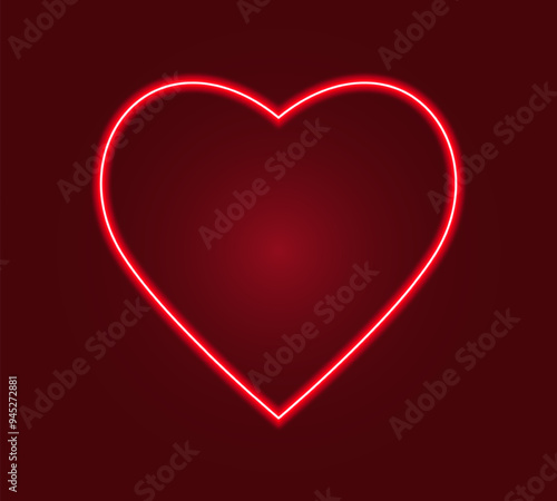 Red neon heart, heart shape symbol lights up with background.