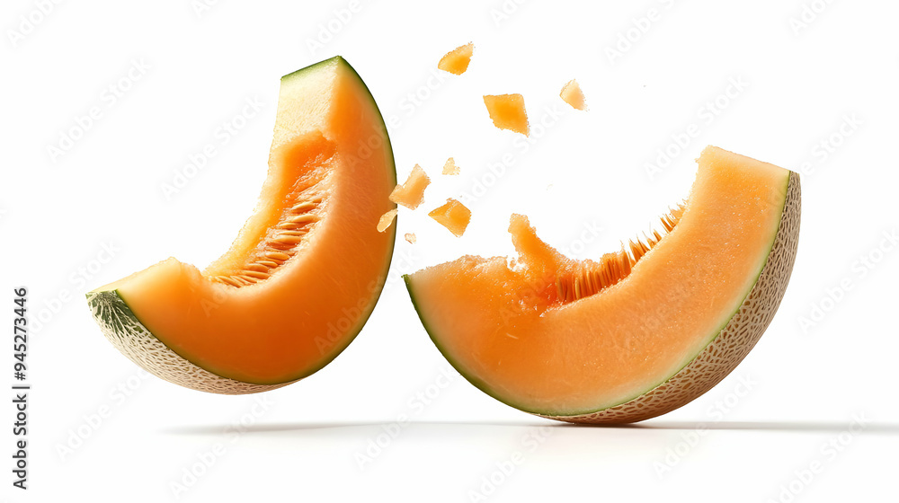Fresh Cantaloupe Melon Slices with Seeds and Rind on White Background Fresh Cantaloupe Melon Slices with Seeds and Rind on White Background