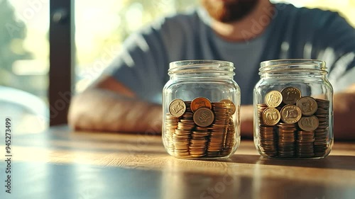 adult man seated at a table, looking at two glass jars filled with coins, including golden pennies, highlighting his approach to managing funds and savings within a low budget context