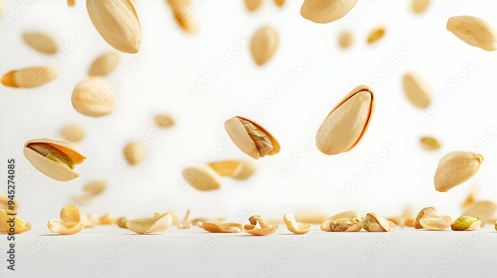 Flying Pistachios Close Up of Fresh Roasted Nuts Falling Against White Background Flying Pistachios Close Up of Fresh Roasted Nuts Falling Against White Background