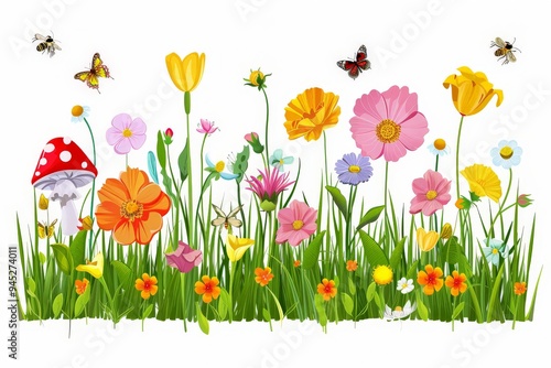 Colorful spring flowers with mushroom, bees and butterflies vector illustration on white background