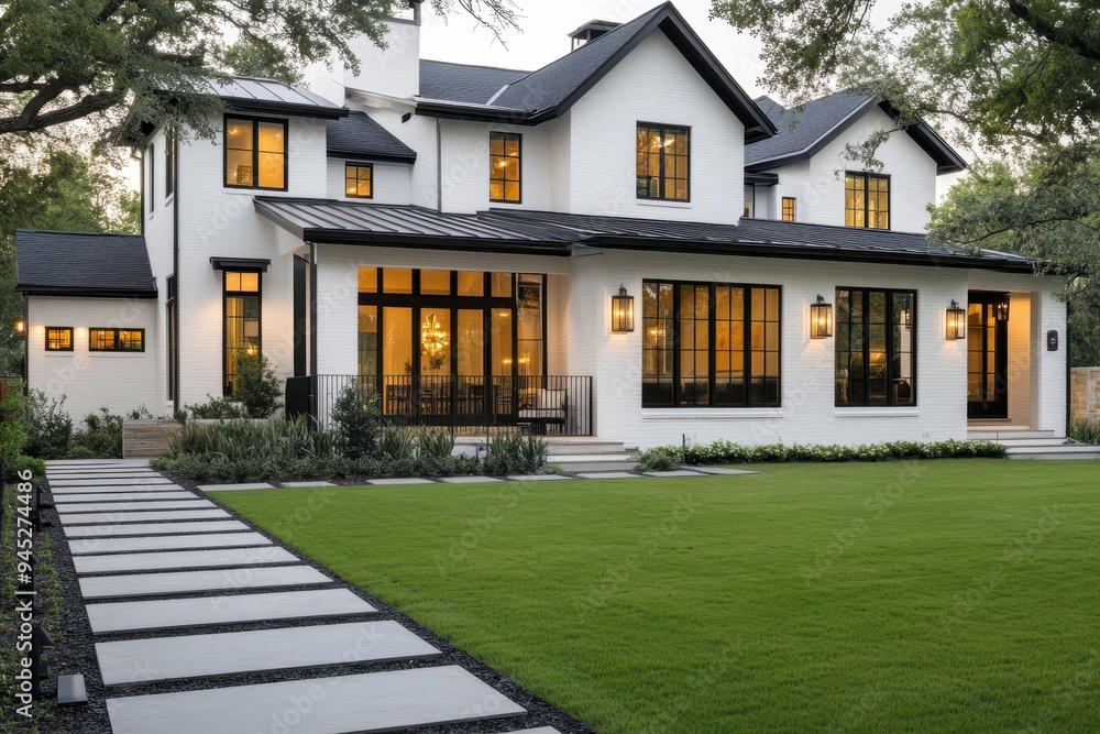 Modern two-story house with landscaped lawn and pathway. Modern two-story house with landscaped lawn and pathway.