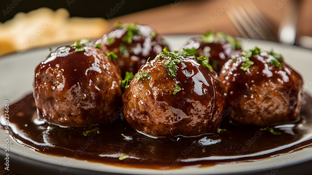 A plate of meatballs covered in sauce, garnished with herbs, showcasing a delicious dish. A plate of meatballs covered in sauce, garnished with herbs, showcasing a delicious dish.