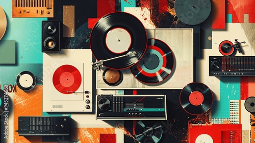 Retro Music Equipment and Vinyl Records Abstract Background