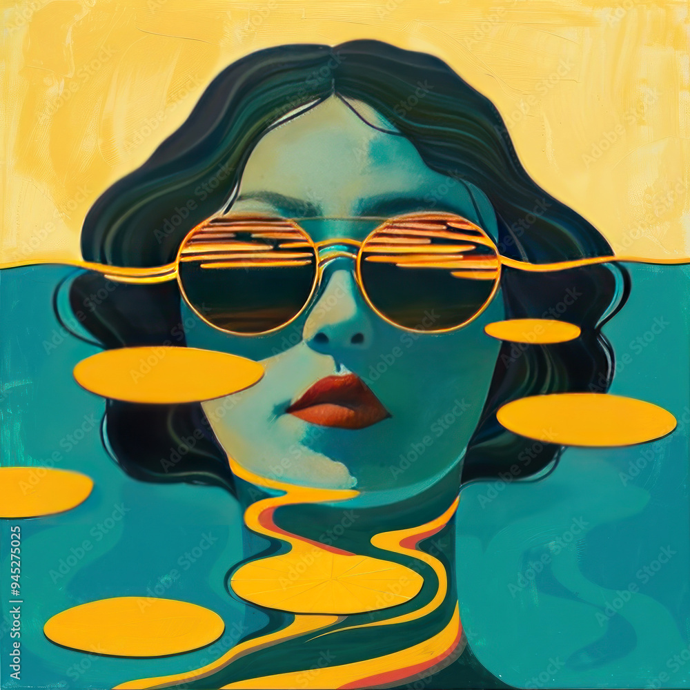 Fototapeta premium Immerse in this surreal digital art featuring a woman with reflective sunglasse