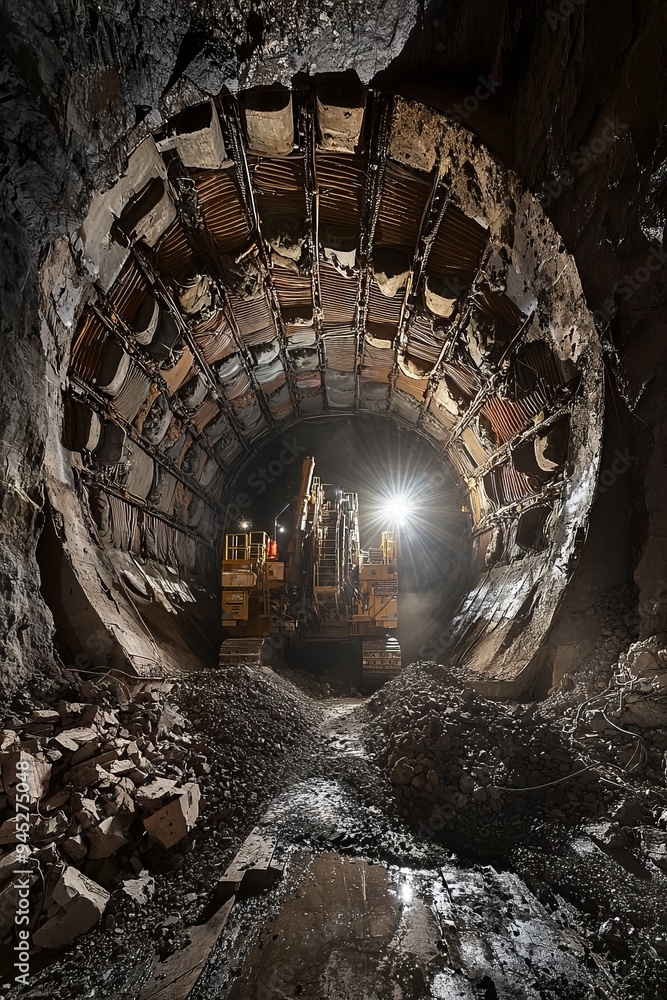 Naklejka premium A tunnel boring machine is surrounded by heaps of excavated material as it drills through a subterranean