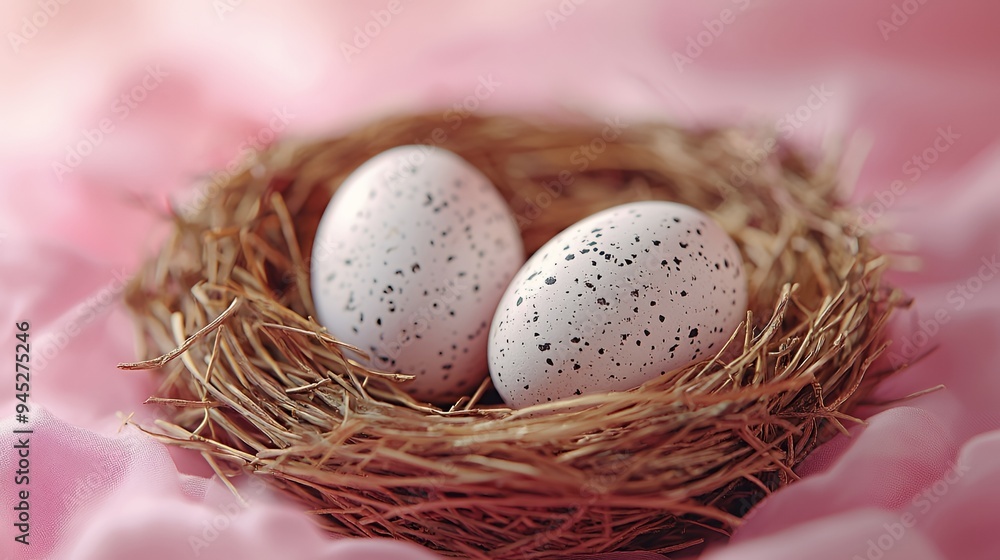 Two speckled eggs nestled in a natural straw nest on a soft pink background. Two speckled eggs nestled in a natural straw nest on a soft pink background.