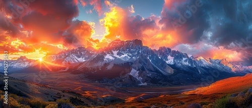 Majestic Mountain Range Silhouetted Against a Vibrant Sunset Sky