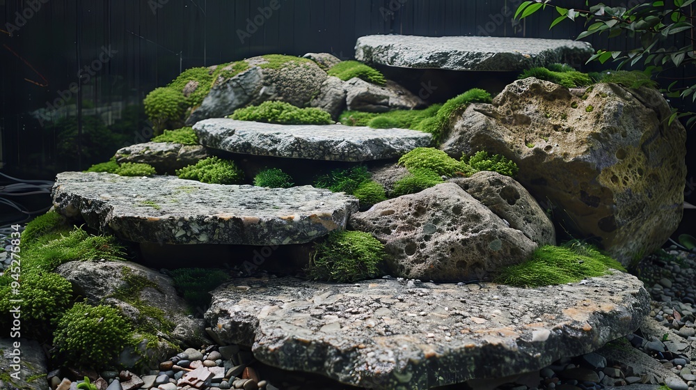 A multi-level stone podium with a rough texture, set amidst a collection of moss-covered rocks A multi-level stone podium with a rough texture, set amidst a collection of moss-covered rocks