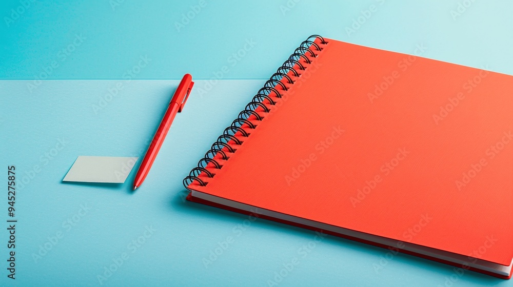 Red Notebook Pen and Notepad on Blue Background Red Notebook Pen and Notepad on Blue Background
