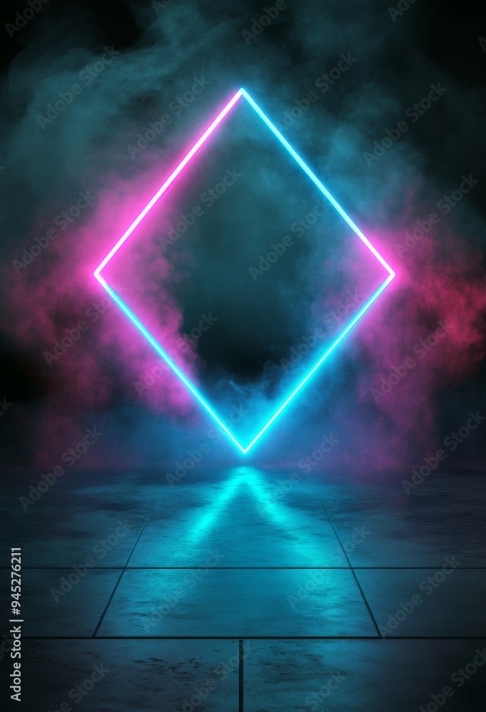 Dark street reflection on wet asphalt. Rays of neon light in the dark, neon shapes, smoke. Full stage set background. Abstract dark background. Dark street reflection on wet asphalt. Rays of neon light in the dark, neon shapes, smoke. Full stage set background. Abstract dark background.