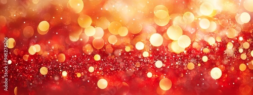 Defocused red, gold, and black glitter lights make up the background.