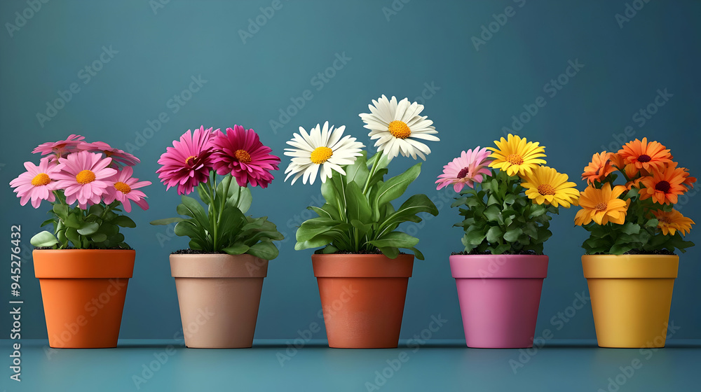 Colorful Potted Daisy Flowers on Blue Background Colorful Potted Daisy Flowers on Blue Background