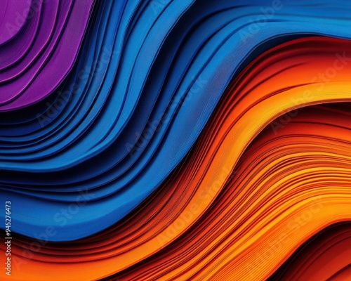 Vibrant wave pattern featuring a blend of purple, blue, and orange paper textures. Perfect for creative and artistic projects.