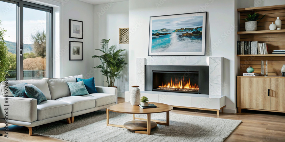 A cozy living room with two white sofas facing a modern electric fireplace, complemented by warm wooden accents and stylish shelving, creating an inviting atmosphere