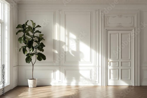 Three-dimensional image of a plant against a white wall. White wall mockup with brown curtain, brown plant, and wooden floor. Image in 3D.